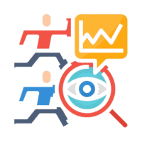 Two stylized human figures running toward a magnifying glass with an eye in the center, and an upward trending graph above, symbolize the dynamic elements of Web Design.