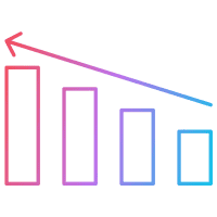 A simple bar chart with four vertical bars decreasing in height from left to right, indicating a downward trend. A diagonal arrow above points from the higher bars to the lower ones, making it perfect for illustrating a negative performance analysis in web design reports.