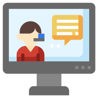 Illustration of a computer screen displaying a person in a red shirt with a headset and chat bubble next to them, indicating online customer support or communication, all framed by sleek web design elements.