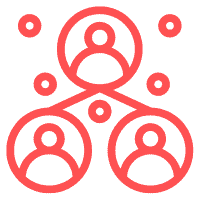 A red network diagram with four circles connected to a central circle, each containing a human figure icon, representing a group or team structure, ideal for showcasing organizational charts in web design.