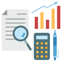 Illustration of a document with a magnifying glass, a calculator, a pen, and bar graphs trending upward, symbolizing data analysis and financial calculation - all essential for effective web design.